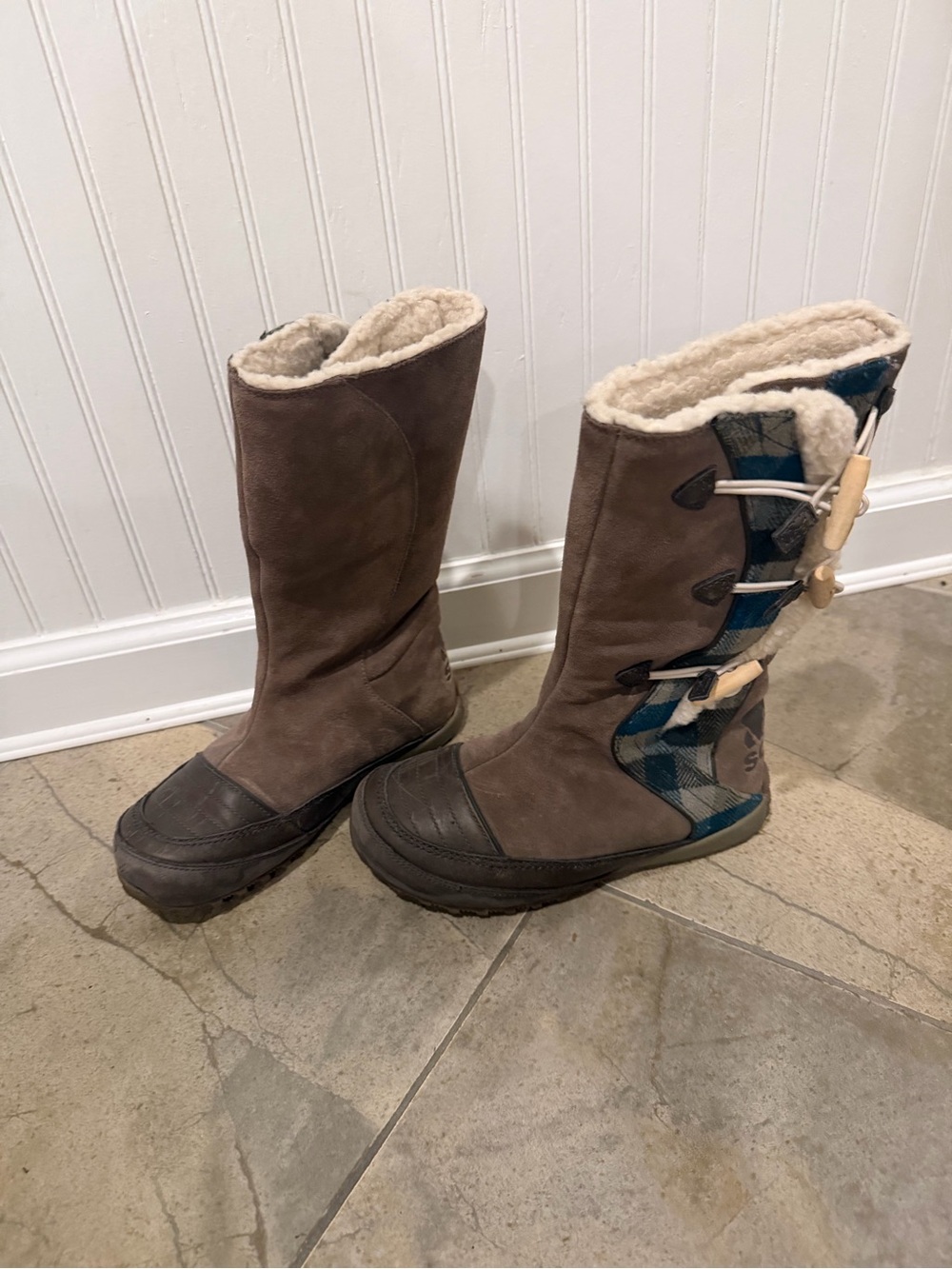 Sorel Women’s Brown Faux-Shearling Winter Boots with Blue Plaid Accent